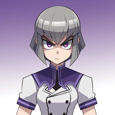 score_9_up, BREAK, Megatron, 1girl, solo, grey hair, short hair, purple eyes, thick eyebrows, school uniform, white shirt, skirt, black pantyhose, upper body, <lora:Megatron_RYUSEI-R_PXL_Leaf3:0.8>, gradient background, serious,