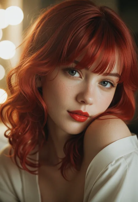 close up shot, 19yo woman, lipstick, hair waist-length red hair, bangs covering the left side of her face with a wavy mid-back length red hair strand resting on her left shoulder and her eyes are brown, kimono. shallow depth of field, vignette, highly detailed, high budget, bokeh, cinemascope, moody, epic, gorgeous, film grain, grainy,