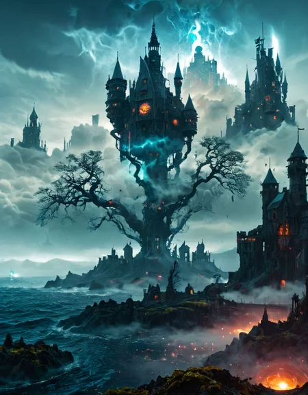 <lora:Space_Worlds_02_Dark_xlv1:1> sw02d_xl, in space, water planet, steampunk, space nebula, planet decay, cyberpunk city, clouds, moss, lava, waves, medieval castle on a tree,  smoke, mist, clouds, magic,