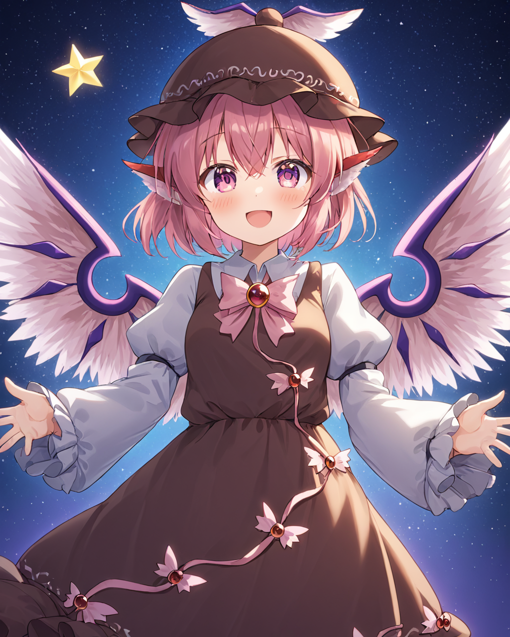 mystia lorelei,1girl, solo, open_mouth, smile, puffy_sleeves, brown_dress, bird_wings, long_sleeves, looking_at_viewer, fang, blush, winged_hat, brown_headwear, mob_cap
<lora:mystia_lorelei_image8444_2023-12-14-000007:1>,star-shaped_pupils,symbol-shaped_pupils,. gorgeous,key visual, vibrant, studio anime,award-winning, professional, highly detailed,high budget, cinemascope