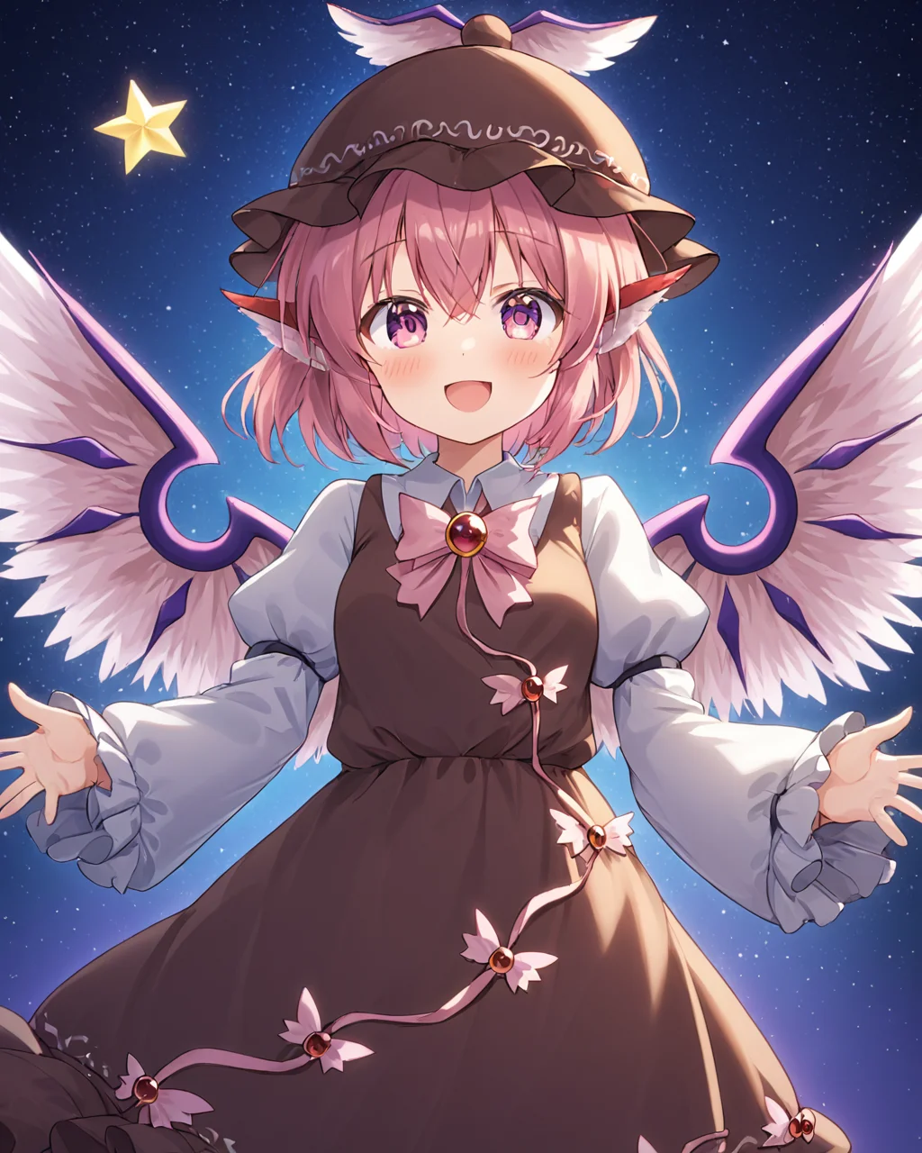mystia lorelei,1girl, solo, open_mouth, smile, puffy_sleeves, brown_dress, bird_wings, long_sleeves, looking_at_viewer, fang, blush, winged_hat, brown_headwear, mob_cap
<lora:mystia_lorelei_image8444_2023-12-14-000007:1>,star-shaped_pupils,symbol-shaped_pupils,. gorgeous,key visual, vibrant, studio anime,award-winning, professional, highly detailed,high budget, cinemascope