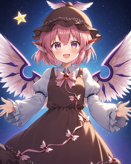mystia lorelei,1girl, solo, open_mouth, smile, puffy_sleeves, brown_dress, bird_wings, long_sleeves, looking_at_viewer, fang, blush, winged_hat, brown_headwear, mob_cap
<lora:mystia_lorelei_image8444_2023-12-14-000007:1>,star-shaped_pupils,symbol-shaped_pupils,. gorgeous,key visual, vibrant, studio anime,award-winning, professional, highly detailed,high budget, cinemascope