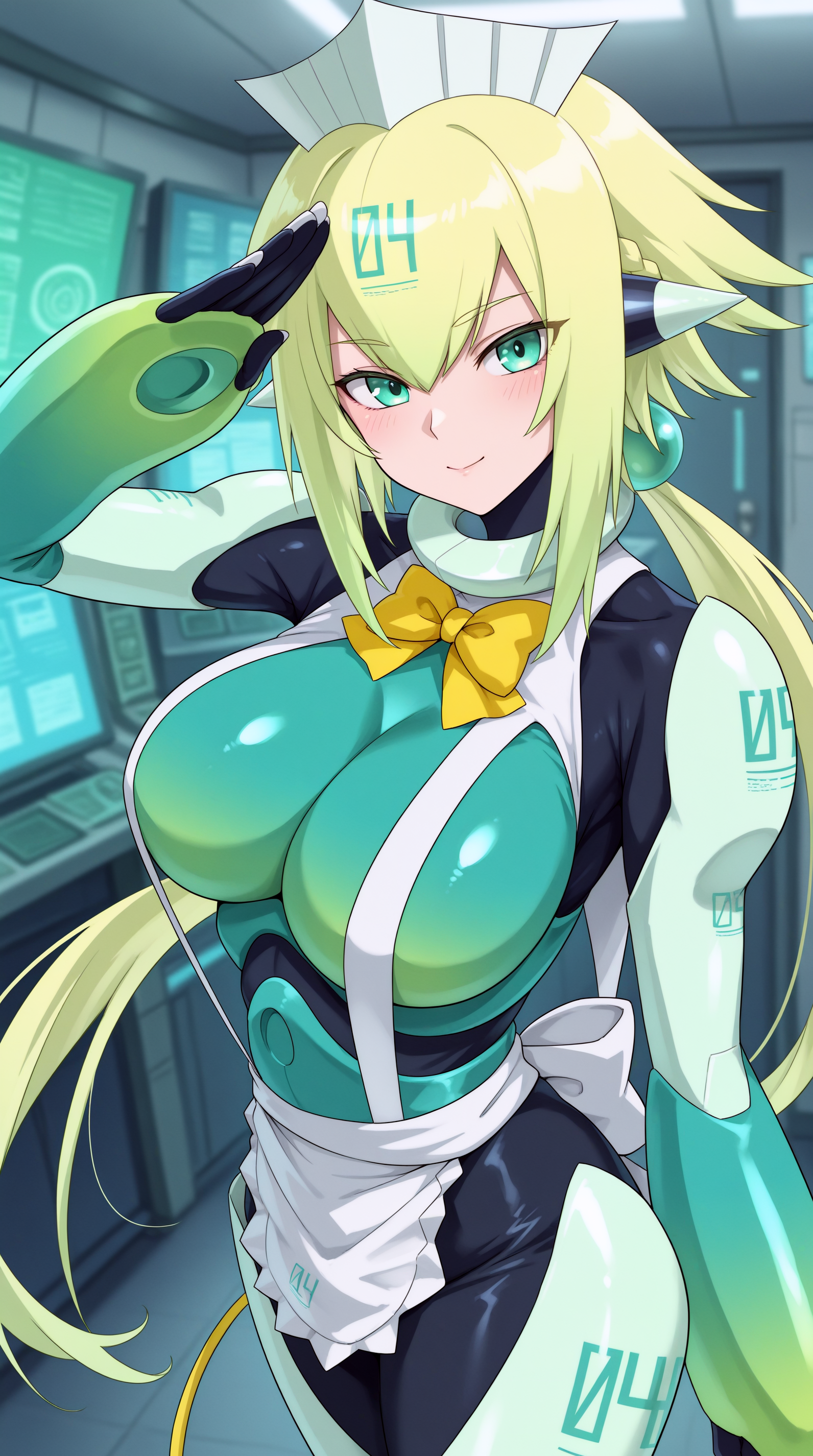 masterpiece, anime coloring, newest,  Emera, Main Outfit, solo, looking at viewer, blush, standing, salute, happy, indoors, cyber, cyberpunk,   <lora:JN_Emera_Illus:0.8>