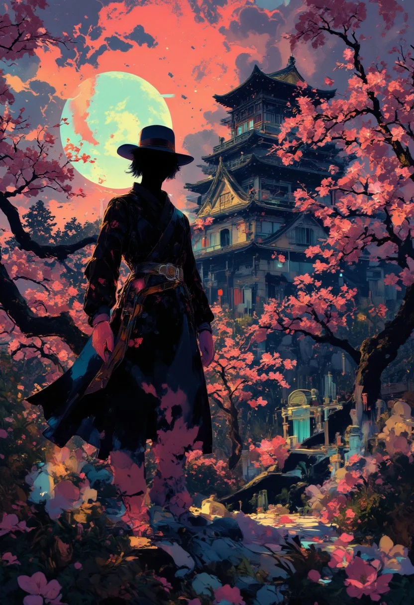 anime art, pscho_4rt, a breathtaking ultra-HD anime-style illustration of a electro_style, cowboy, masterpiece, best quality, newest, absurdres, highres, by an ancient japanese edo castle, sunset, ink artwork, sharp color, sakura trees in the background, moon in background. The atmosphere is tranquil yet powerful, evoking a sense of nostalgia and wonder. Highly detailed character, precise silhouette, cinematic lighting, ultra-realistic textures, dreamy and immersive composition, masterpiece.
