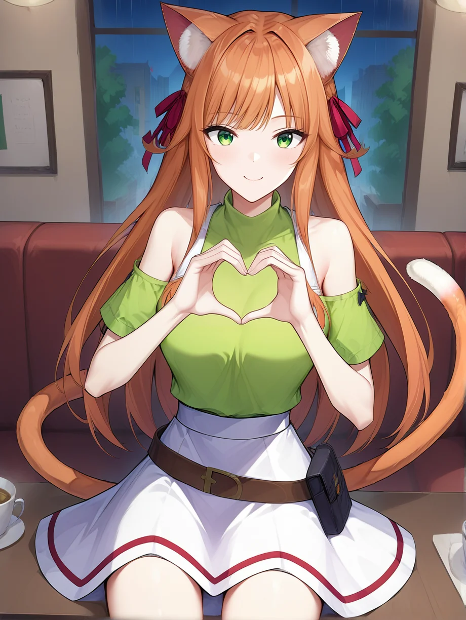 score_9, score_8_up, score_7_up, source_anime
kanade, orange hair, long hair, animal ears, animal ear fluff, green eyes,red hair ribbon, cat tail, two-tone tail, green shirt, off shoulder, bare shoulders, white skirt, red strip on skirt, brown belt, belt pouch, white bra, 1girl, solo, night time, chair, table,
heart hands, restaurant, sitting,coffee, ramen
<lora:kanade from beast tamer v0.1:1> <lora:Expressive_H:0.2> <lora:StS_PonyXL_Detail_Slider_v1.4_iteration_3:0.2>