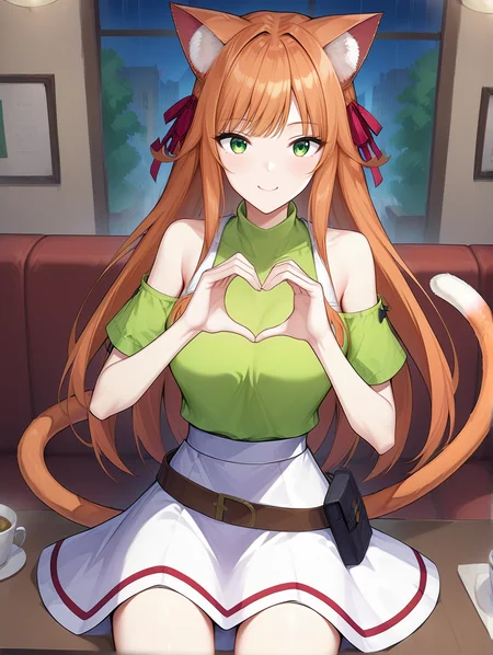 score_9, score_8_up, score_7_up, source_anime
kanade, orange hair, long hair, animal ears, animal ear fluff, green eyes,red hair ribbon, cat tail, two-tone tail, green shirt, off shoulder, bare shoulders, white skirt, red strip on skirt, brown belt, belt pouch, white bra, 1girl, solo, night time, chair, table,
heart hands, restaurant, sitting,coffee, ramen
<lora:kanade from beast tamer v0.1:1> <lora:Expressive_H:0.2> <lora:StS_PonyXL_Detail_Slider_v1.4_iteration_3:0.2>