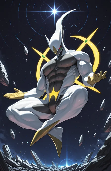 r50_arceus, anthro, muscular male, 
from below,
(midair, floating, levitation:1.2), meditation, indian style, head down, arms at sides, mudra,
glowing outline,
featureless crotch, 
<lora:[Char - IL] Pokemon - Arceus (R1E18):1> 
BREAK
OUTDOORS, outer space, temple ruins, overground, iridescent columns,
floating rubble,
lens flare, light particles, cosmic heaven,
masterpiece, best quality, amazing quality, very aesthetic, absurdres, newest, very awa,