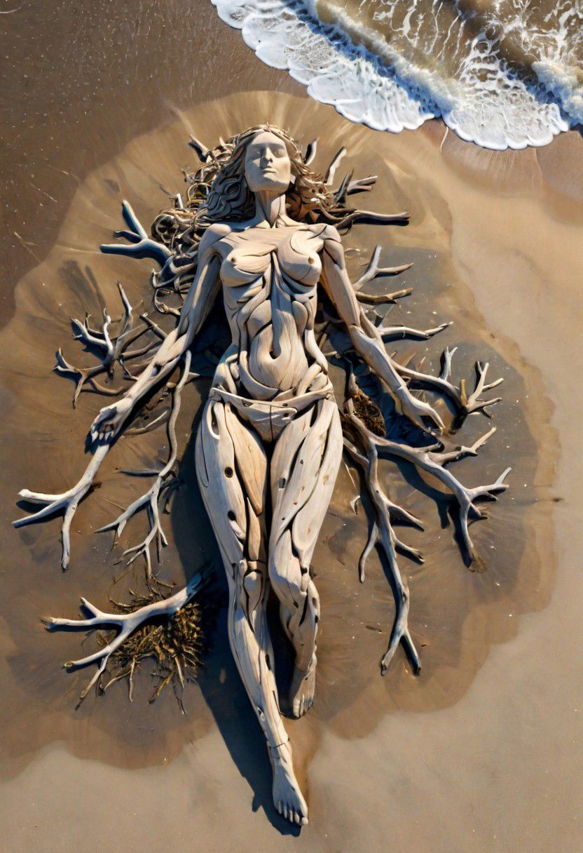 (drift wood washes up on the shore, all the tiny parts of drift wood form together to create a perfect  shape of a womans body lying on the shore), abstract, 3d render, strong, insanely intricate details, (masterpiece), breathtaking natures art work