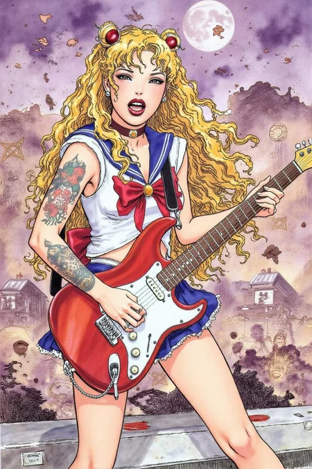 itacomic1 illustration of punk sailor moon playing a guitar at a heavy metal mosh pit, tattoos, piercing <lora:itacomic_mima6_nocap_d6a3e11:1.0><lora:806430318274990993:0>