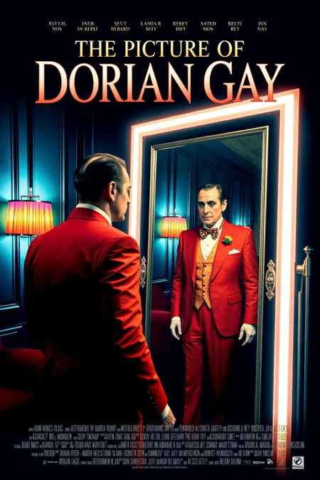 mvpstr. Epic movie poster for "The Picture of Dorian Gay". The main subject is a flamboyant, well-dressed gay man with perfectly groomed hair, gazing intently at his own reflection in a large, ornate mirror. The man's reflection shows a slightly older and more worn version of him, hinting at the theme of vanity and aging. He is dressed in a vibrant, fitted suit with an extravagant bowtie, standing in an elegant, modern room. The background features bright neon lighting with rainbow accents, giving the scene a glamorous, lively feel. The title "The Picture of Dorian Gay" is written in bold, flashy font at the top, with stylized film credits at the bottom. High contrast, cinematic lighting, pop-art style, exaggerated colors, retro movie poster design. <lora:schnell_v1.0:1.0> <lora:EpicMoviePoster-000015:1.0><lora:786449378794688741:0>