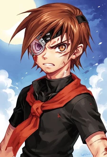 score_7_up, score_8_up, score_9_up, BREAK, vyse, younger, brown hair, short hair, brown eyes, eyepatch, looking at viewer, determined expression, red neckerchief, black turtleneck, short sleeves, upper body, male focus, solo, injury, facial injury, blood, night sky, fire