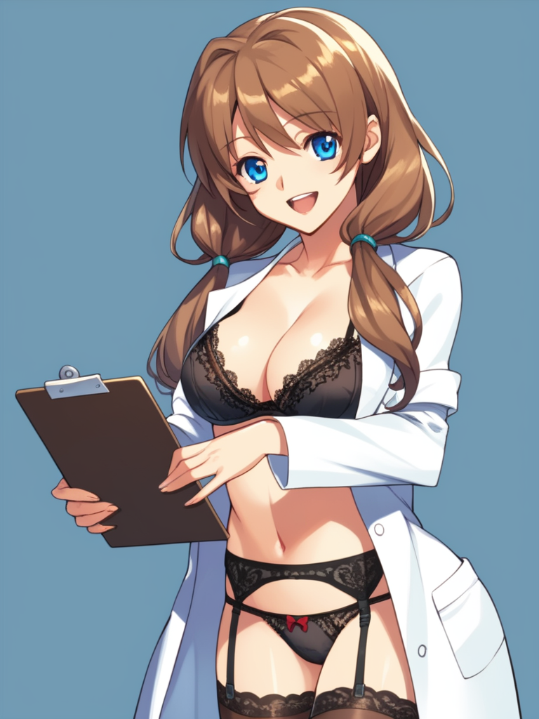 score_9, score_8_up, score_7_up, score_6_up, BREAK masterpiece, perfect face, perfect hands, high quality, source_cartoon, BREAK (1girl, solo,) <lora:Renka_Misaki_-_Akiba_Girls:1> renka, long hair, brown hair, twintails, blue eyes, open lab coat, lace bra, lace panties, garter belt, lace stockings, naughty face, holding clipboard, happy, hospital,