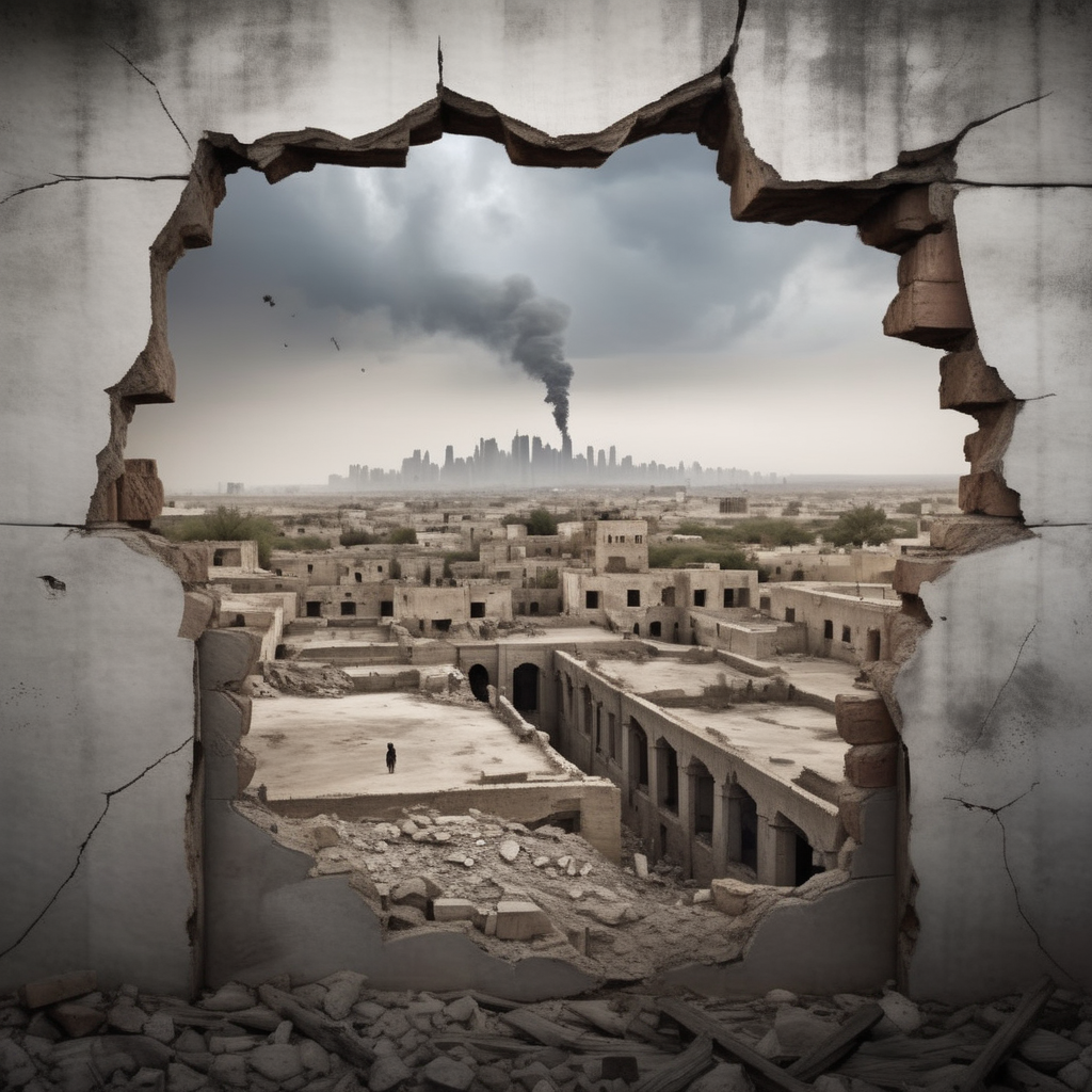 hole,A photorealistic image of a cracked wooden wall in the foreground, weathered and damaged, possibly by the impacts of war. Beyond this wall, the viewer should see a heart-wrenching scene of a Middle Eastern warzone. The landscape should be filled with architectural ruinsâcrumbled buildings, fallen pillars, and debris scattered around. Among these ruins, include people who look visibly distressed, perhaps some are sitting in despair, others walking aimlessly. The atmosphere should be heavy, filled with the weight of human suffering and the tragedy of war. The sky could be overcast or smoky, adding to the grim reality of the scene., <lora:hole2:0.6>