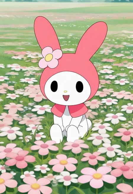 best quality, masterpiece, very aesthetic, mymelo, flower, pink flower, furry, pink capelet, solid oval eyes, black eyes, chibi, feral, flower field, outside, sitting on ground, happy, straight on,