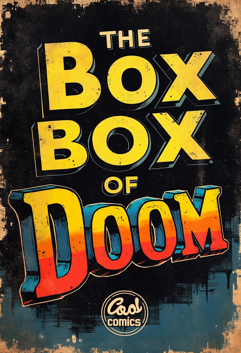 Create an antique 1960s comic-book cover for "The Comic Book Box of DOOM" from COOL COMICS.
Please ensure the font is sharp, modern, and dramatic, evoking a sense of conflict and grandeur. Background: Use a (pure black background) to provide maximum contrast. Incorporate cinematic lighting effects and subtle gradients to enhance depth and tension. Composition: Emphasize tension and drama in the design, aligning with the theme of a high-stakes comic book series. 
The color palette combines dark, moody tones with splashes of vibrant colors, enhancing  the vintage comic feel. The entire cover is finished with a halftone texture, slight wear marks, and stylized shading, capturing the essence of retro comic art. Strong outlines and classic shading techniques. presented boldly on a worn, pulp paper background. Distressed texture. Faded ink bleeding. Classic comic book illustration style reminiscent of Brian Bolland and Neil Adams. Earthy tones with golden age comics-inspired color palette. Best quality. Retro aesthetic. High contrast. Bold typography. Gradients and subtle texture overlays. Authentic vintage feel. Comic book illustration. Classic superheroes. DC Comics style. Retro futurism. High detail. Masterpiece. 2d_artwork, jim lee.
Bright colors,hyper quality,high detail,high resolution, --video --s 750 --v 6.0 --ar 1:2