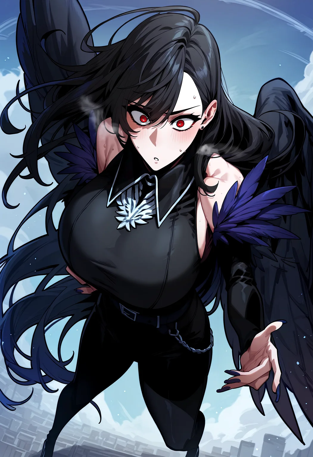 score_9, score_8_up, score_7_up, score_6_up, source_anime, rating_explicit, <lora:neg4all_bdsqlsz_V3.5:2.0>1girl, (solo:1.2), huge breasts, <lora:Crowponyxl:1> black hair, long hair, red eyes, purple nails, black wings, feathered wings, feather trim, black shirt, black belt, black dress, detached sleeves, black pants, bare shoulders, black high heels, surprised, parted lips, Narrow shoulders, sweat, heavy breathing, steaming body, sky, outdoor, looking at viewer, (flying:1.2), from above