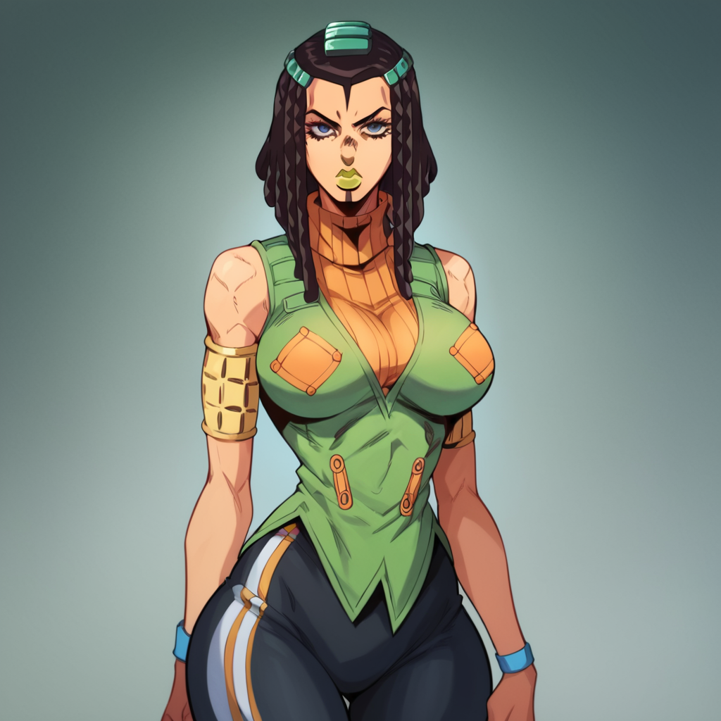score_9, score_8_up, score_7_up, score_6_up, score_5_up, score_4_up, 1girl, dark skin, black hair, hair ornament, dreadlocks, green lips, large breasts, narrow waist, wide hips, looking at viewer, highres, high quality, masterpiece,  <lora:Ermes_Costello:1>