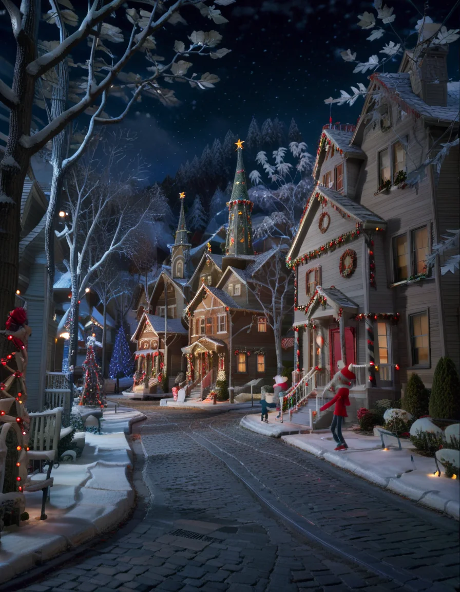 stopmotion, Holiday Light Displays, Dazzling Outdoor Decorations, Twinkling Lights, Neighborhood Competitions, Illuminated Streets, Winter Wonderland. <lora:STOPMO_2.0_RC:1.0>