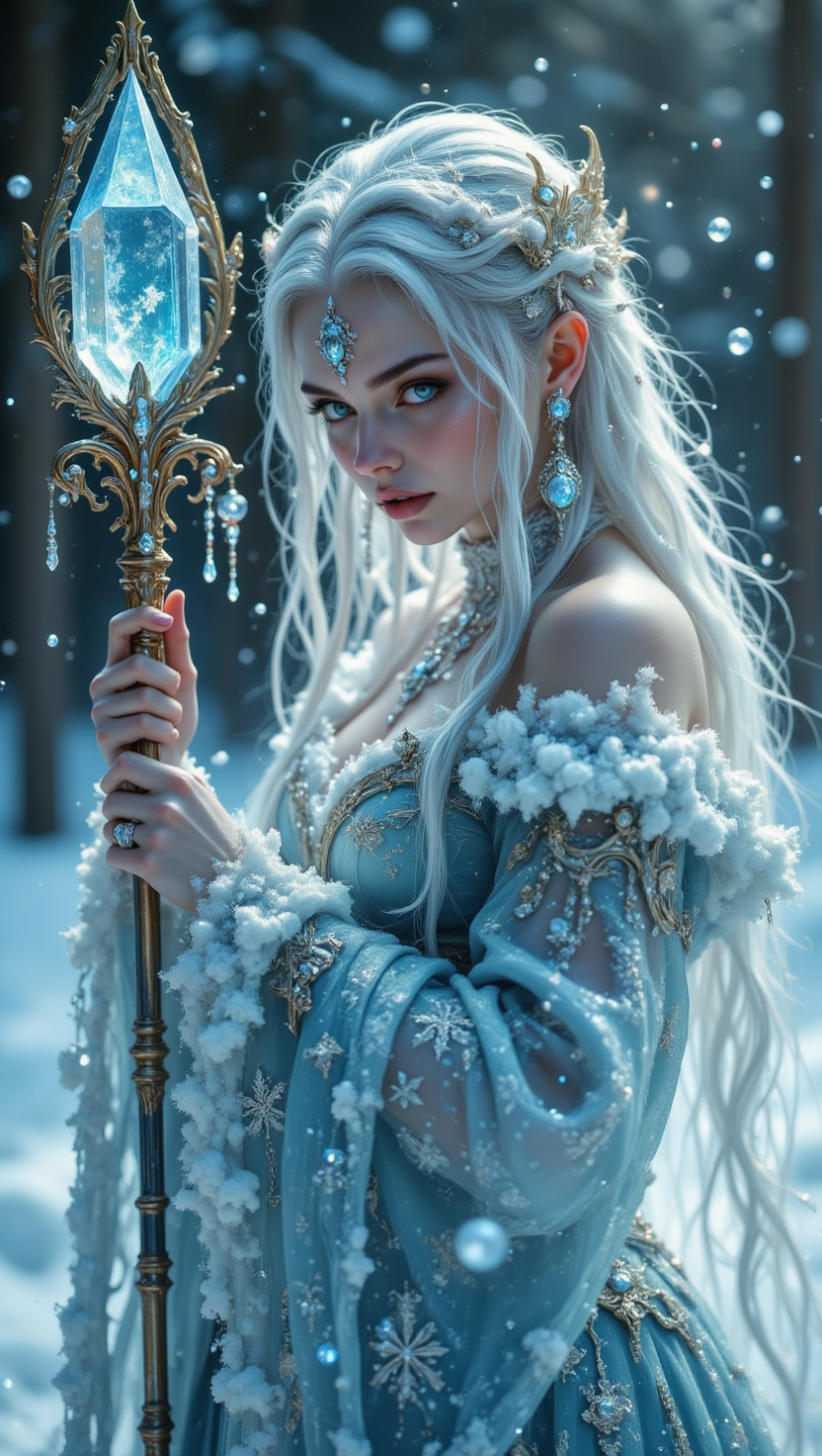 pinkdarkfantasy,
A woman with snow-white hair styled into elaborate braids, her icy blue gown covered in frost-like embroidery. She holds a crystalline staff, from which delicate snowflakes fall even in the absence of wind. The air around her shimmers with a cold, ethereal light, as if time itself is frozen.