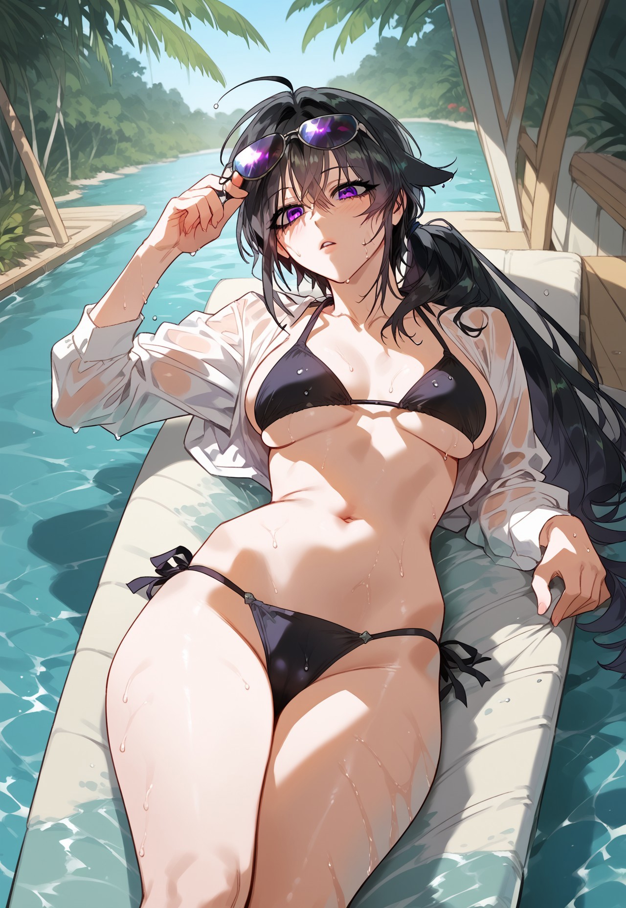 safe_pos, zPDXL3, score_9_up, score_8_up, score_7_up, (Anime_source), 1girl, Reneille, purple eyes, black hair, long hair, low ponytail, wet, cowboy shot, looking at viewer, parted lips, light blush, water, palm trees, (bikini, lying on chaise lounge), black theme, sunglasses