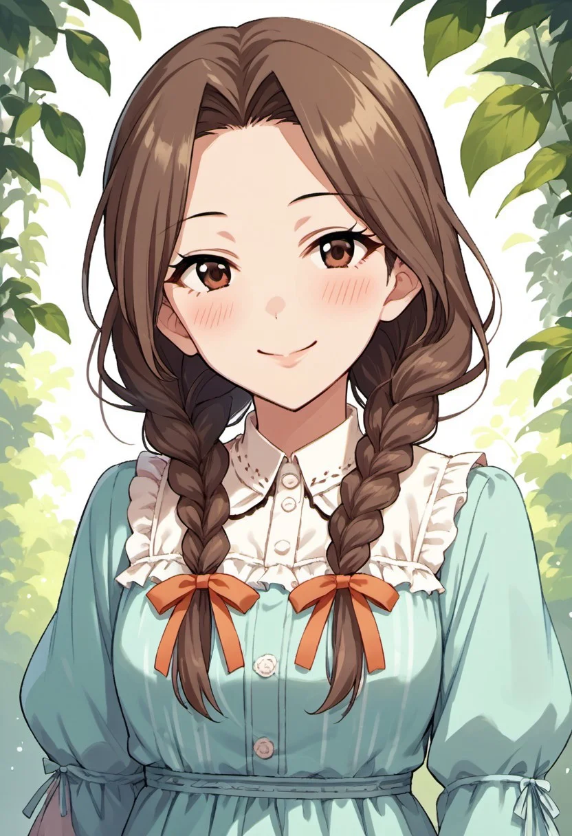 score_9, score_8_up, score_7_up, source_anime, komuro chinami, long hair, brown hair, brown eyes, 1girl, solo, braid, twin braids, smile, looking at viewer, ribbon, blush, dress, upper body