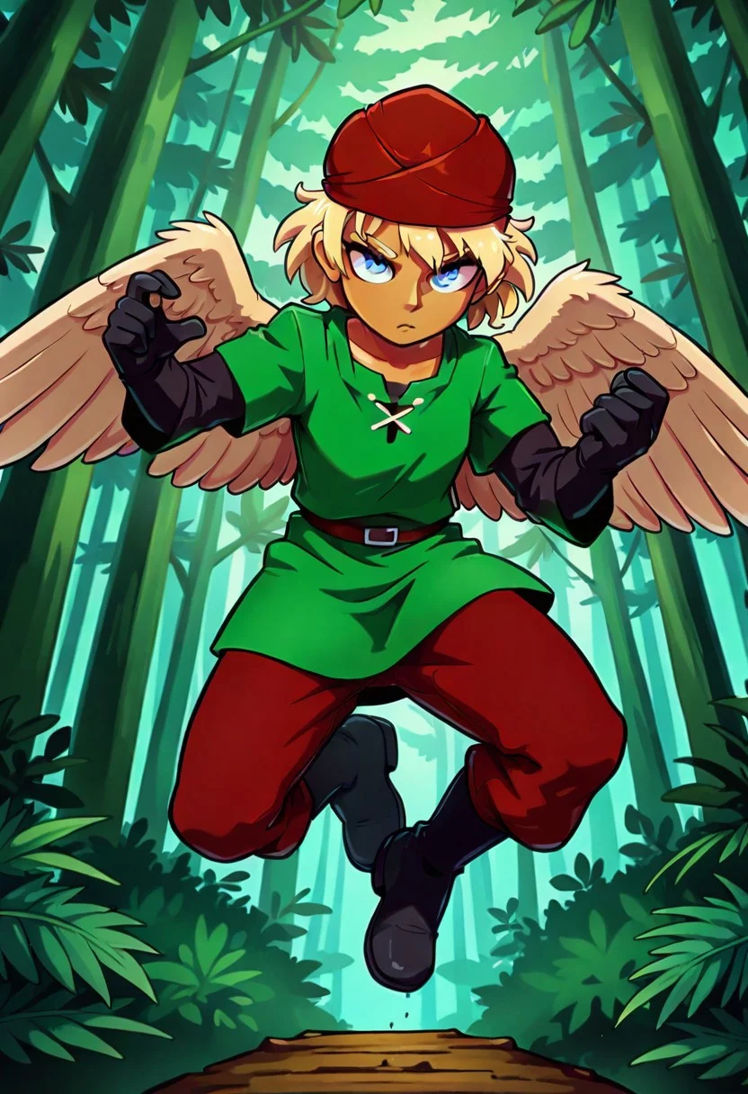 girl, athletic body, serious look, blonde hair, short hair, wild hair, blue eyes, tanned skin, green tunic, napoleonic tunic, red pants, red turban, black long boots, jungle forest, black long gloves, long sleeves, beige wings, jumping