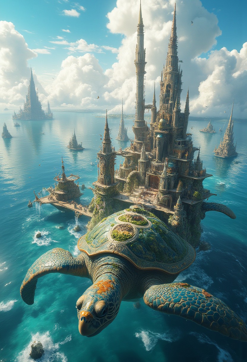 Improved cinematic photo, 35mm photograph, film, professional, 4k, highly detailed, aidmaMJ6.1,
A floating city built on the backs of giant sea turtles,
The turtles are massive, their textured shells covered in vibrant moss, coral, and ancient carvings. Atop their shells, small, intricate buildings made of wood and stone rise into the sky, connected by rope bridges and adorned with hanging lanterns that glow softly.
The ocean below is a rich, turquoise hue, dotted with gentle waves and sparkling under a radiant sun. Clouds drift lazily across a serene blue sky, with flocks of seabirds circling the towering spires of the city.
In the distance, other turtles can be seen carrying similar cities, their silhouettes shimmering on the horizon. The atmosphere is peaceful yet awe-inspiring, evoking a sense of harmony between humanity and nature in a fantastical world. The scene is detailed, vibrant, and alive with motion, blending the natural majesty of the ocean with the ingenuity of human architecture.