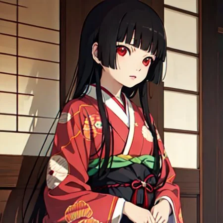 enma_ai 1girl, solo, hair down, hair black, bangs hair, eyes red, kimono, underlayer kimono, ornamental hairpun, obi sas, night, village, (masterpiece) 1girl, (8k, RAW photo, best quality, ultra high res, photorealistic, ultra-detailed), ninym ralei, temple, heavenly light, beautiful windows, 20s <lora:ninym1:1>