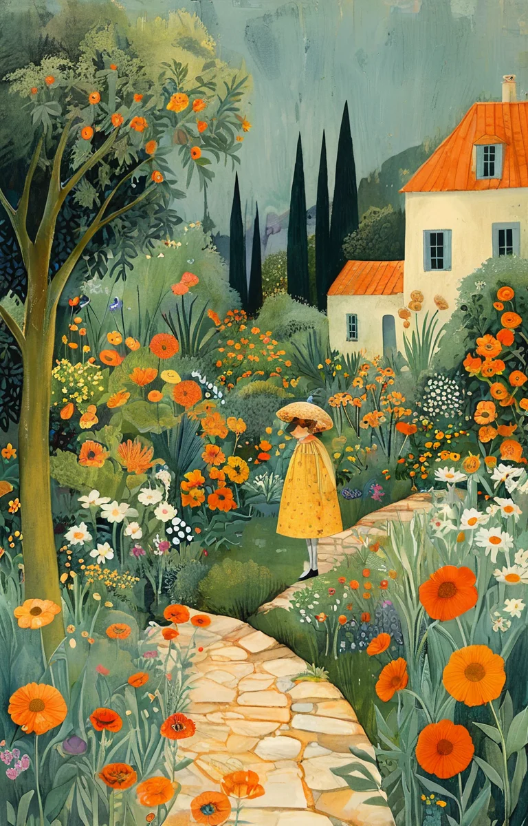 masterpiece,best quality,<lora:tbh143-sdxl:0.7>,portrait of man in garden,flowers,illustration,style of Alice Provensen