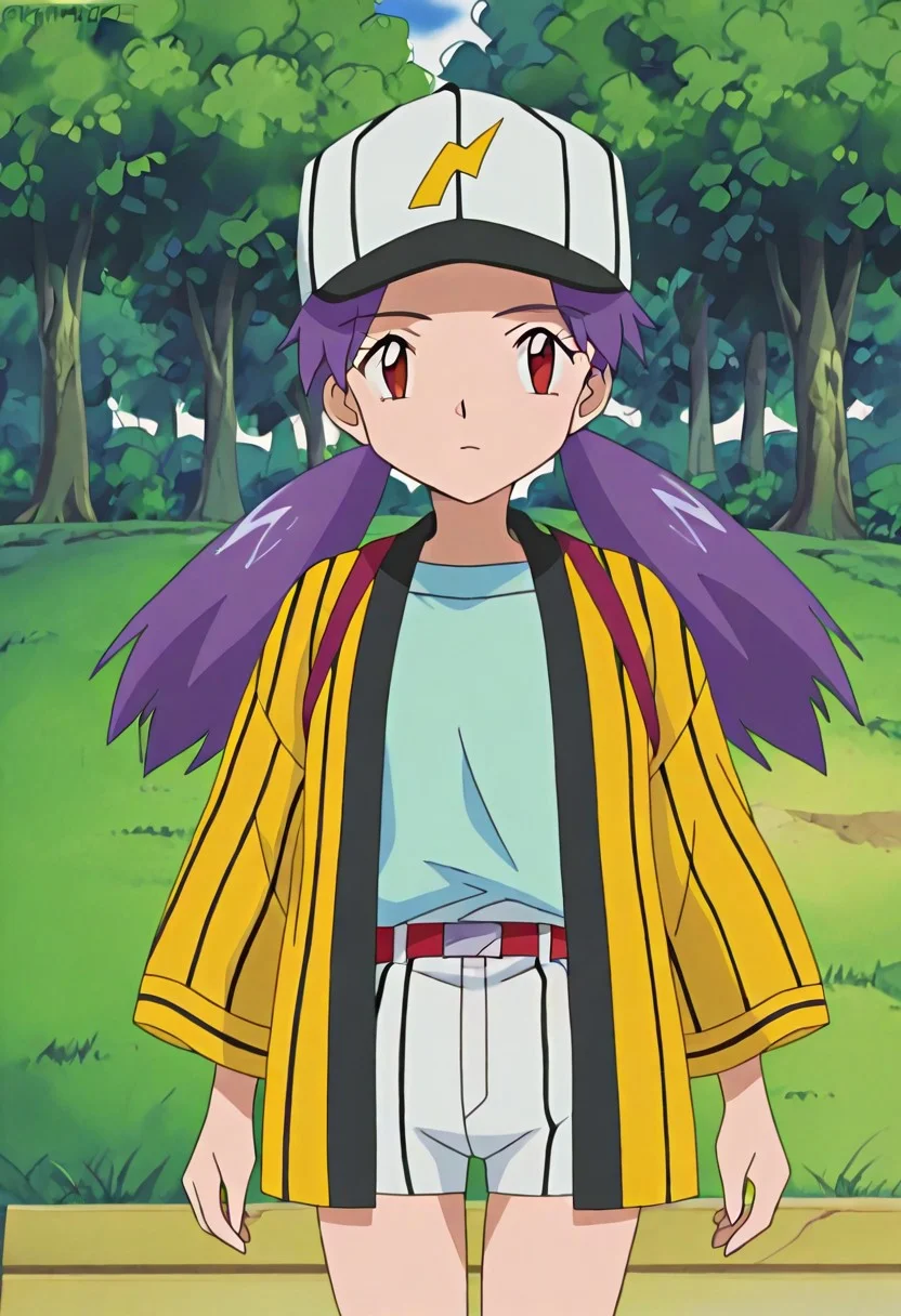 score_9, score_8, score_7_up source_anime, anime_coloring, anime_sceencap, highres, solo, rating_safe, solo
forest, tress, grass, detailed background, outdoors,
PKMNCasey, 1girl, purple hair, long hair, twintails, low twintails, bangs, brown eyes, red eyes, eyelashes, 1girl, purple hair, long hair, twintails, low twintails, bangs, brown eyes, red eyes, yellow shirt, yellow jacket, open clothes, open jacket, blue shirt, belt, white shorts, striped short, vertical stripes, baseball cap, white headwear vertical stripes
