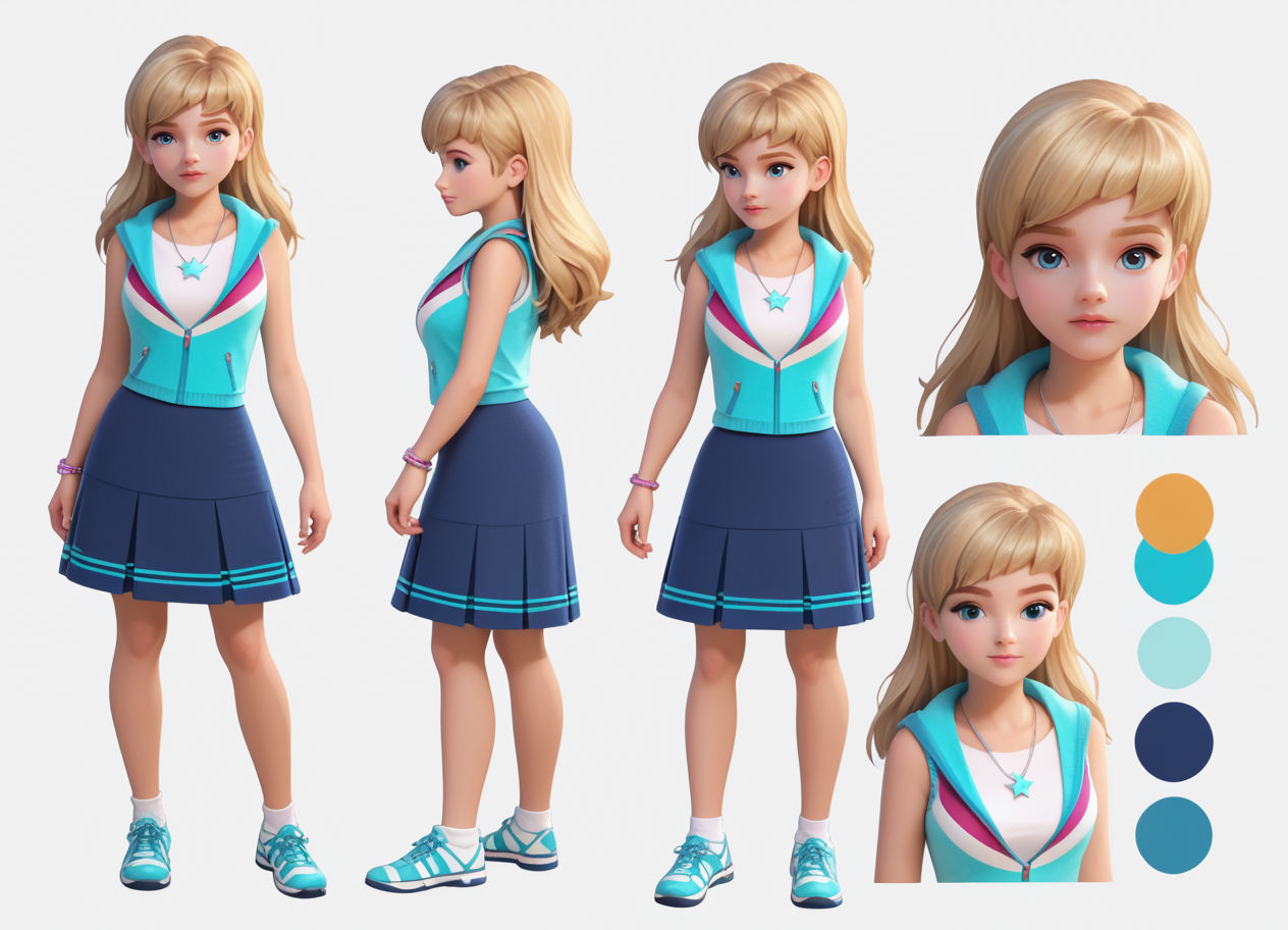 (zPDXL3) source_cartoon, Perfect Hands, full body, handsfree,
1girl, solo, stephanie, blue eyes, long hair, blonde hair, blue skirt, shirt, sleeveless hoodie, necklace, bracelet, socks, blue shoes, sneakers, character sheet, ultra detailed,  (multiple views:1.2), (manga:0.3), dynamic perspectives, pretty face,  <lora:XL_Manga_boxes__Comic_page_layout_generator:0.3>,  cover,  (ultra wide angle shot:0.65), shallow depth of field, background figure reveal, smooth skin texture, 
 <lora:Stephanie_-_lego_friends:1> <lora:Perfect Hands:1>