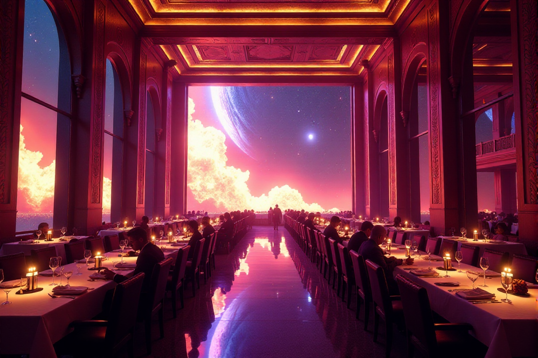 "Visualize the opulent and absurd interior of Milliways, the Restaurant at the End of the Universe. The scene is a vast, geometrically precise dining hall, with tables arranged in perfect rows stretching towards an infinitely receding horizon. The color palette is a rich, almost decadent blend of deep purples, golds, and reds. Diners, a bizarre collection of alien species in outlandish attire, sit in perfect stillness, observing the spectacular destruction of the universe unfolding through enormous, panoramic windows that dominate one wall. The lighting is dramatic and theatrical, highlighting the surreal nature of the event. Focus on the stillness of the diners juxtaposed with the cosmic chaos outside, conveying a sense of detached, almost bored acceptance of the ultimate end. 8k resolution, hyperrealistic rendering, symmetrical composition, rich and decadent color palette, surreal and theatrical lighting, Kubrickian dark humor aesthetic."  <lora:cinematic film IMAX70mm Filmstrip style v1:0.8> cinematic film style, IMAX70mm , filmstrip borderâââ