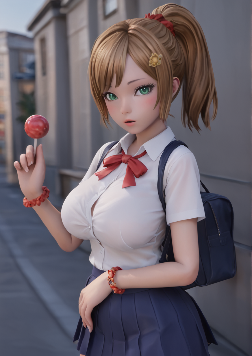 1girl, huge breast, bag, blue skirt, blush, bracelet, breasts, brown hair, candy, collared shirt, day, food, green eyes, hair ornament, hair scrunchie, hairband, hand up, head tilt, jewelry, lollipop, looking at viewer, medium hair, neck ribbon, outdoors, parted lips, pleated skirt, ponytail, red ribbon, red scrunchie, ribbon, school uniform, scrunchie, shirt, shoulder bag, skirt, solo, upper body, white shirt, wing collar, wristband, 3d,elin,zPDXL3 <lora:tera_elin:1>