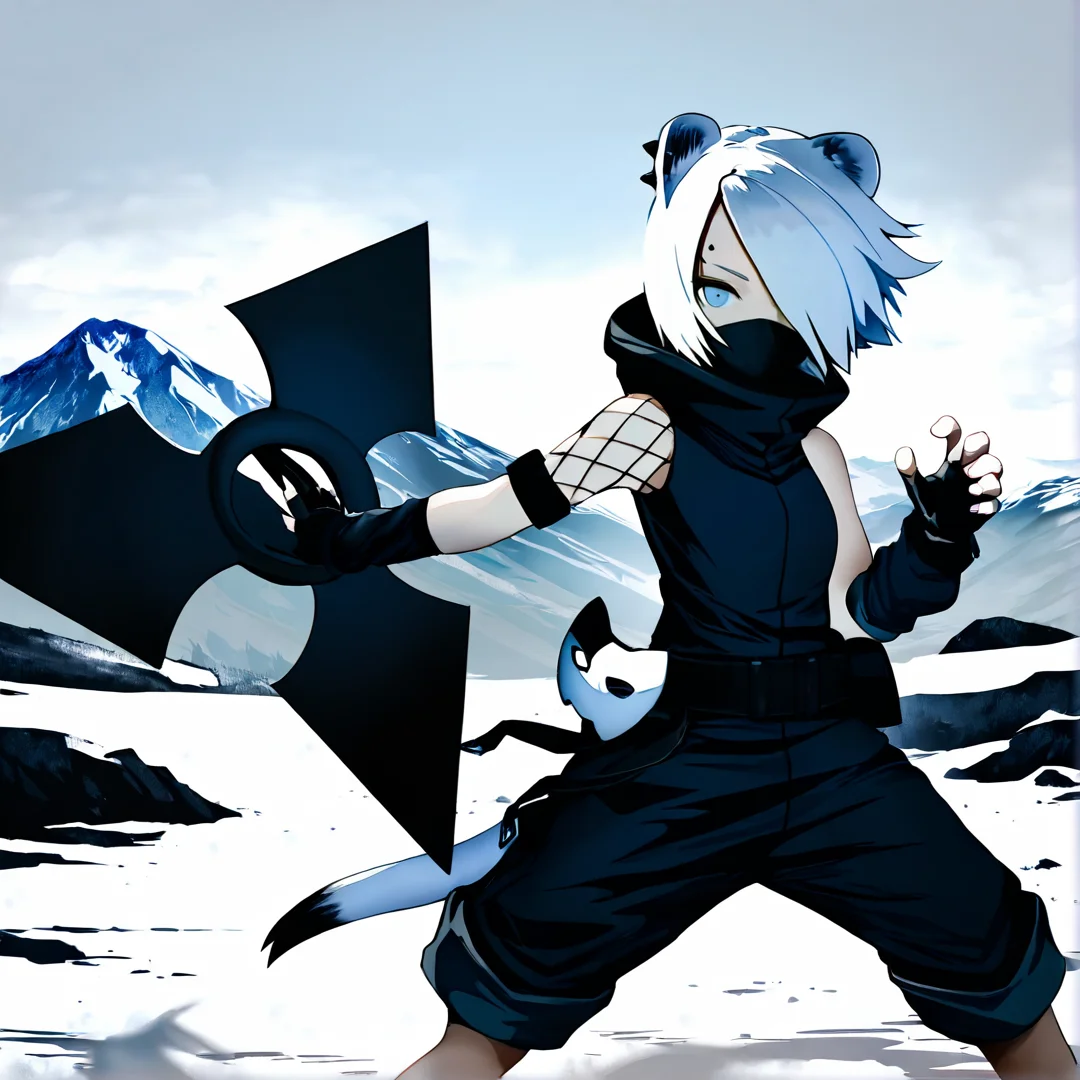 1girl, solo, standing, fighting stance, wind, cowboy shot, mountain, fuuma shuriken, holding weapon, 
masterpiece, high quality, highly detailed, lazypos, (realistic:1.1), 
 <lora:Arknights_Shirayuki_ILLUSTRIOUS:0.9> akshirayuki, weasel ears, white tail, blue eyes, white hair, hair over one eye, ear piercing, weasel tail, shirayubase, fishnet sleeves, black mask, wide collar, hood down, black shirt, fingerless gloves, single arm warmer, black pants, rolled up pants, belt accessory, black toeless boots,
