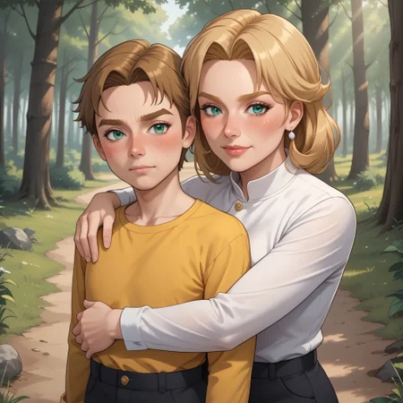 masterpiece, best quality, score_9, break. Pavursula, (((1boy, pavel, blonde hair, blonde eyebrows, blue eyes, blush, yellow clothing, black pants, black shoes, adult male, mature male))), break, (((1girl, ursula, brown hair, brown eyebrows, green eyes, blush, white clothing, black pants, black shoes, adult female, mature female))), hug, forest, natural lighting