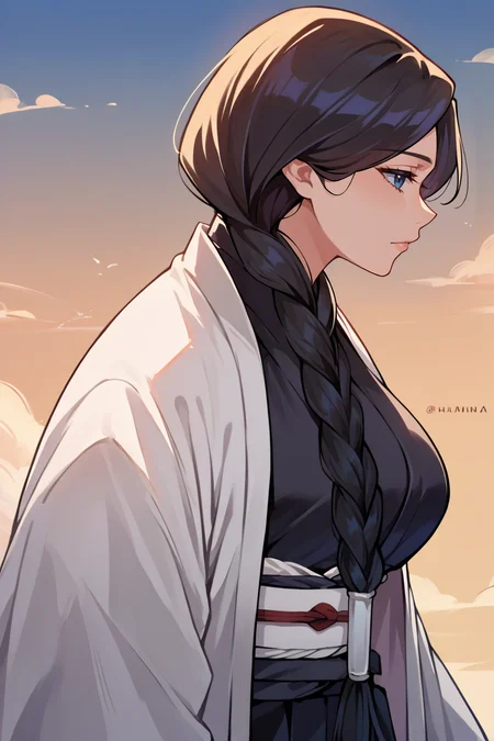 score_9, score_8_up, score_7_up, score_6_up, source_anime, BREAK 1girl, solo, <lora:unohanaretsu-pdxl-nvwls-v1-000004:1> unohana retsu, single braid, white coat, black kimono, black skirt, hakama skirt, big breasts, profile, looking at you, upper body, blue sky, sunset