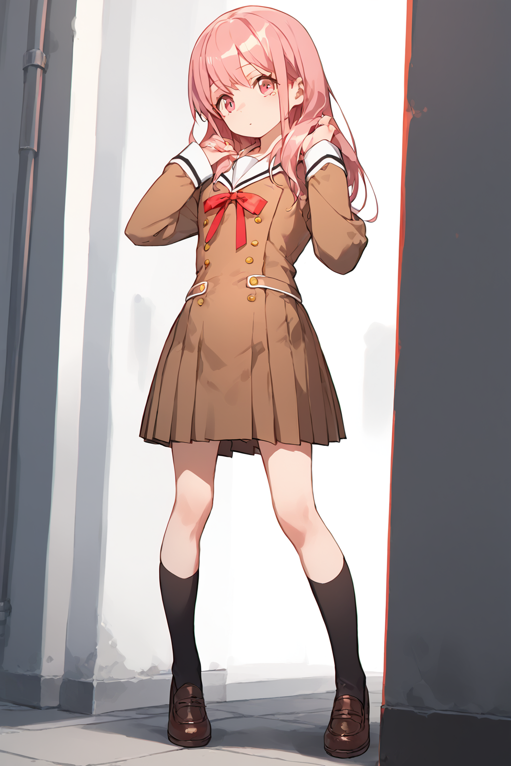 score_9,score_8_up,score_7_up,score_6_up,score_5_up,score_4_up,<lora:aya:0.8>,1girl,maruyama aya,solo,hanasakigawa school uniform,school uniform,neck ribbon,pink hair,double-breasted,bangs,long sleeves,brown dress,long hair,sailor collar,pink eyes,black socks,shoes,