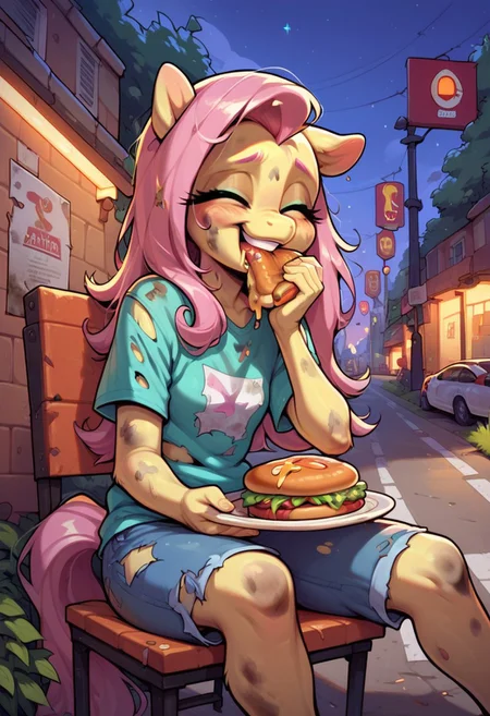score_9, score_8_up, score_7_up, score_6_up, outside, no lights,
1girl, 1 guy, Fluttershy (mlp), (anthro pony), skinny, homeless, dirty, skinny, hungry, dirty clothes, dirty hair, covered in dirt, torn clothes, dirty hair, happy, night, street, asphalt, hotdog stand, sitting on chair, eating hot dog, happy, eyes closed, messy eating, face covered in ketchup,
