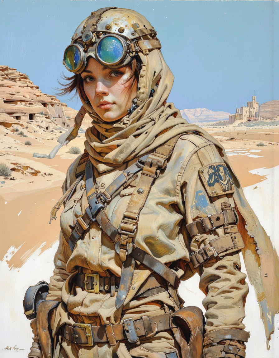 By theaicolab. This is a highly detailed digital illustration in a realistic style. The subject is an angle viewof a young woman in dynamic action with fair skin and striking blue eyes, set against a vast, arid desert landscape. She wears a beige, desert camouflage outfit that is dusty and weathered, with multiple straps and buckles, suggesting a utilitarian and rugged design. Her outfit is adorned with patches and speckled with dirt and sand, adding to the gritty, survivalist aesthetic.
She is covered from head to toe with a beige, flowing scarf that partially conceals her face, leaving only her eyes and a small portion of her lips visible. Her hair is dark brown, partially visible beneath the scarf. She wears a metallic, steampunk-style helmet with goggles, which is also dusty and worn, giving it a distressed appearance. The goggles have a blue tint, possibly for protection against the harsh desert sun.
The background features a barren, sandy desert with distant, rocky formations under a clear, blue sky. There are a few small, crumbling buildings in the distance, adding to the sense of isolation and desolation. The overall color palette is dominated by earthy tones of beige, brown, and sand, with the blue of the sky and the woman's eyes providing a striking contrast. Inticate desert light. <lora:The_AI_Colab:1>