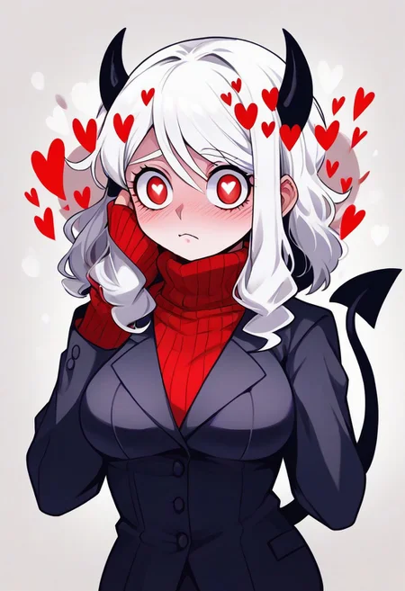 <lora:flattening-ponyxl-v1:1.3>, ,, Modeus_(Helltaker),horns, heart, demon girl, demon horns, heart-shaped pupils, symbol-shaped pupils, black horns, medium hair,demon tail, sweater, red sweater, tail, ribbed sweater, long sleeves, turtleneck, black jacket, formal, suit,, Anime eyes, anime face,<lora:add-detail-xl:0.7> <lora:xl_more_art-full_v1:0.1>