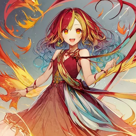 score_9,score_8_up,score_7_up,score_9,score_8_up,score_8,ultra detailed, beautiful face, highres, Expressiveh,
BREAK, 1girl, solo, kamiya yuu, no game no life, official art, 
gradient hair, multicolored hair, multicolored eyes,
(red hair:1.3), curly hair, yellow hair ends, yellow highlights, phoenix girl, red eyes, yellow eyes, gradient eyes, red dress, bare shoulders, straps, slight cleavage,
happy, looking at viewer, giddy, smile, open mouth,
jyojifuku, dress, phoenix dress, fire element, composed of fire elements,