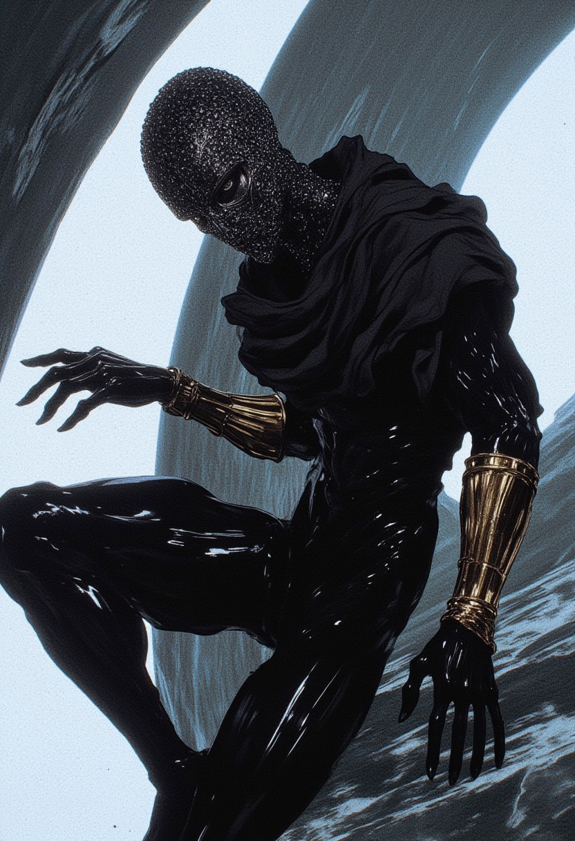 A high-resolution photograph features a woman with skin resembling dark, polished granite, standing in a strikingly dynamic pose that exudes power and mystery. She leans slightly forward, her body angled at a sharp diagonal to create a sense of movement, with her right leg extended backward for balance and her left knee bent slightly, grounding her stance. Her torso twists gracefully, highlighting the contours of her stone-like complexion as the light glimmers off her textured skin. She wears a black mesh mask intricately shaped like the silhouette of a bird’s head or a futuristic helmet, its translucent design blending seamlessly with her granite-like features. Her head tilts downward with a piercing, focused gaze visible through the mask, adding an enigmatic allure. Her left hand is extended outward with fingers slightly splayed, as if commanding attention, while her right arm crosses her body at waist level, the gold bracelet on her wrist gleaming against the muted tones of the igloo interior. The scene is set within the curved, icy walls of an igloo, where diffused natural light streams softly, casting delicate highlights and shadows across her avant-garde black silk garment. This surreal setting emphasizes her bold, angular pose and adds an ethereal quality to the bold, mysterious composition.