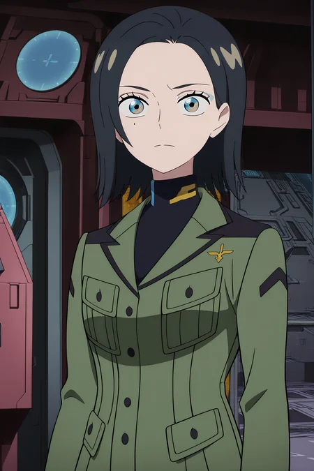 volumetric lighting, official style, amazing quality, ultra detailed, highres, detailed background, anime screenshot, anime screencap, anime coloring, masterpiece, detailed face,1girl   <lora:Comoli_Harcourt__:1>Comoli_Harcourt, mole under eye, mole, solo, black hair, uniform, short hair, green jacket, looking at viewer, military, military uniform, brown and blue eyes, upper body, jacket