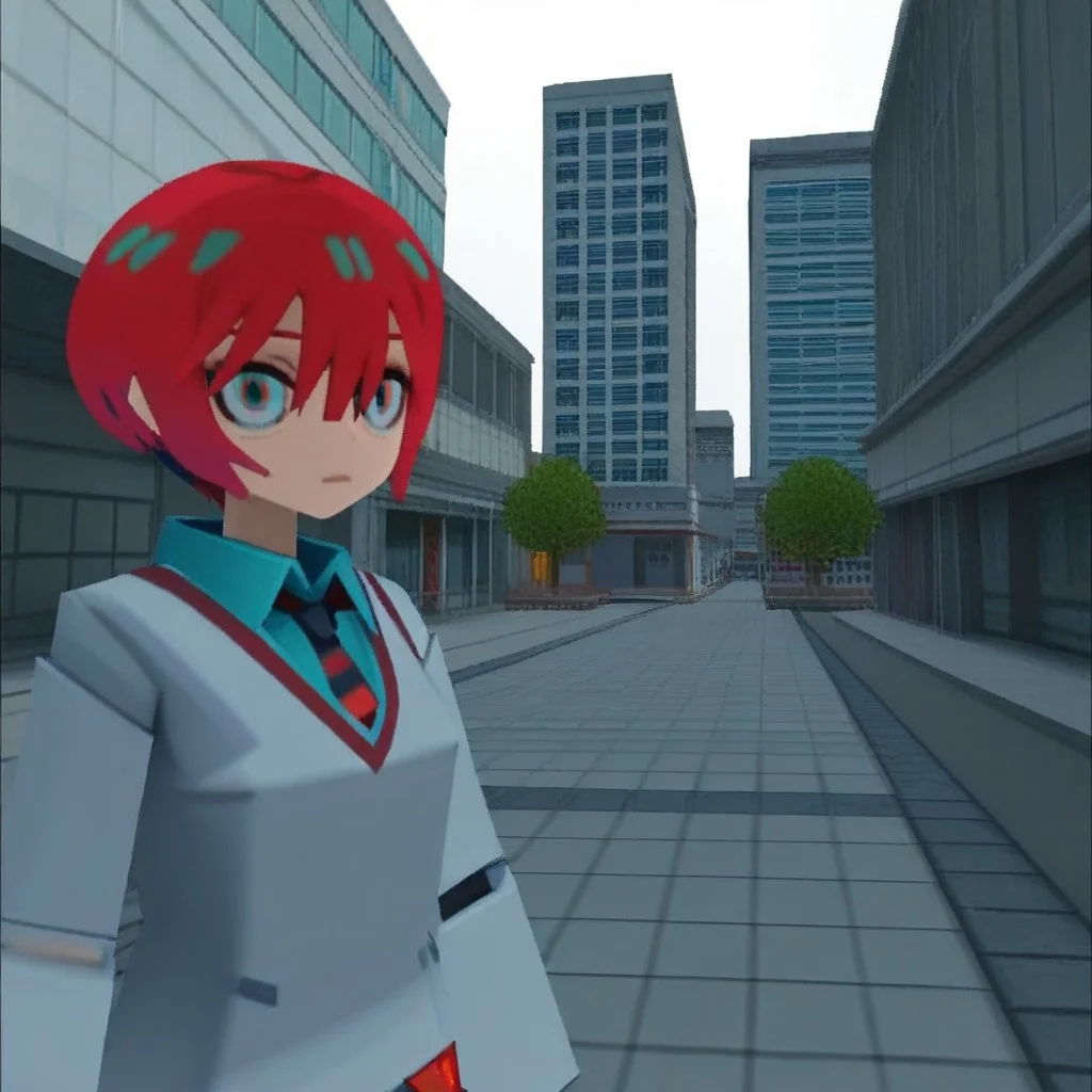 masterpiece, best quality, amazing quality, very aesthetic, absurdres, highres, newest, 1girl, gundam_gquuuuuux_amate_yuzuriha, red hair, short hair, hair between eyes, green eyes, school uniform, front view, futuristic city, lowpoly, ps1, psx, low poly, 3d