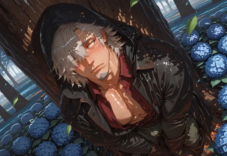 masterpiece, best quality, amazing quality, very aesthetic, absurdres, newest, detailed background, blue light, lively and bustling atmosphere, background details visible, definition so sharp it cuts latency, Ultra-HD, 8K cinematic, shiny skin, shadow, outdoor, combat pose, dynamic action, hydrangea, flower field, under tree, sunbeam, 1boy, male focus, solo, mature male, manly, bara, tagatamewilhelm, black hood, coat, clothe folds, combat pose, middle hair, grey hair, hair over one eye, yellow eyes, looking at viewer manly confused expression, lips slightly parted, one brow raised, leaning on tree, relaxed,  sanpaku, goatee, red collared shirt, medieval shirt, long sleeve, open shirt, pants, boots, embarrassed expression, slightly raised eyebrows, landscape, wide angle perspective,  dynamic angle, cowboy shot,  windy, (flying leaf:1.5), 

