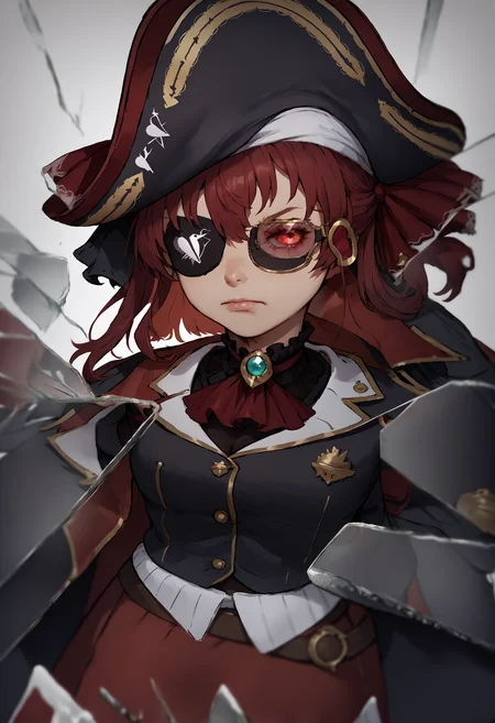 score_9, score_8_up, score_7_up, source_anime, 1girl, scouter, tinted eyewear, <lora:Scouter_XLPD:1>, upper body, <lora:BreakingGlassXLPDCAME:1> IncrsXLBrknGls, broken glass, reflection, <lora:senchouXL:1>, marine_pirate, hair ribbon, red ascot, red skirt, belt, leotard under clothes, black leotard, black thighhighs, black coat, pirate hat, eyepatch, red eyes,