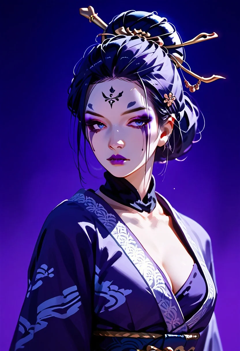score_9,score_8_up,score_7_up,source_anime, The Fourth Sister,1girl,solo,looking at viewer,hair ornament,closed mouth,upper body,japanese clothes,kimono,hair bun,makeup,single hair bun,lipstick,purple background,purple lips,