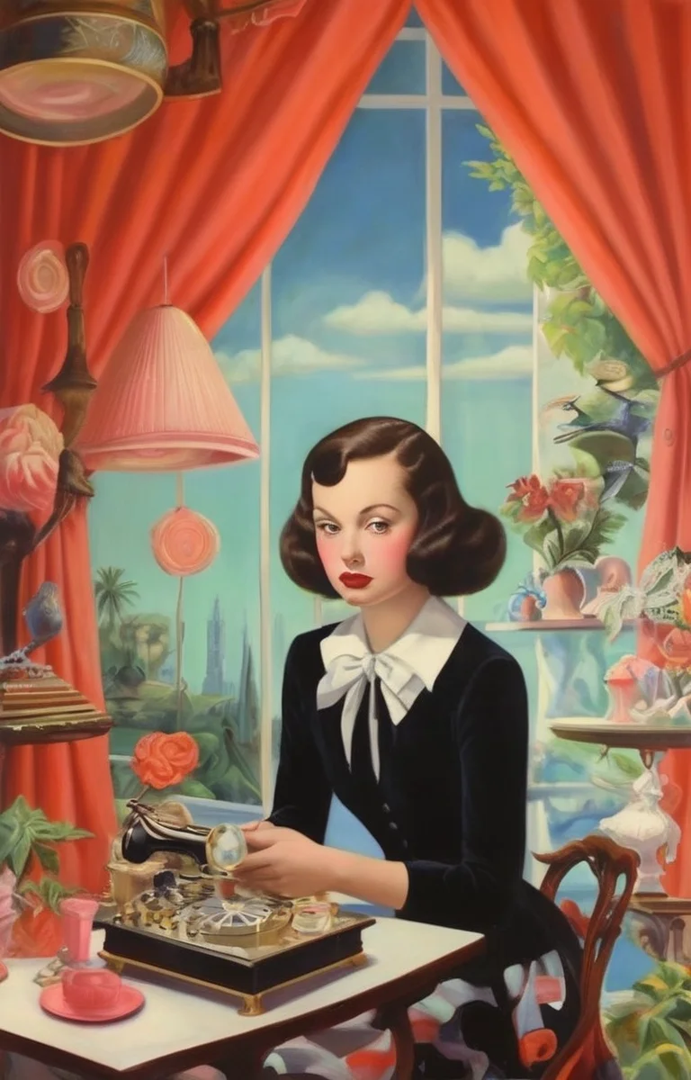 masterpiece,best quality,<lora:tbh293-sdxl:0.9>,illustration,style of Dorothy Draper tech genius teenage girl
