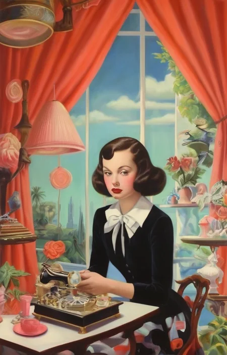 masterpiece,best quality,<lora:tbh293-sdxl:0.9>,illustration,style of Dorothy Draper tech genius teenage girl