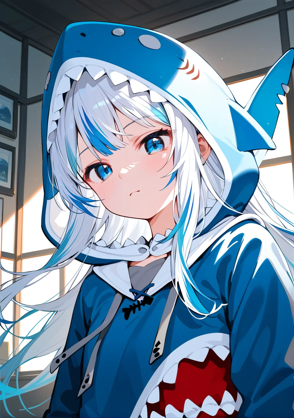 masterpiece,best quality,score_9,score_8_up,score_7_up,best quapoty,highres,absurdres,source_anime,indoors,<lora:NAI:0.4>,NAI_style,<lora:gawr_gura_(1st_costume):0.8>,close-up,upper body,indoors,gawr_gura_(1st_costume),(1girl:1.1),solo,multicolored hair,shark hood,